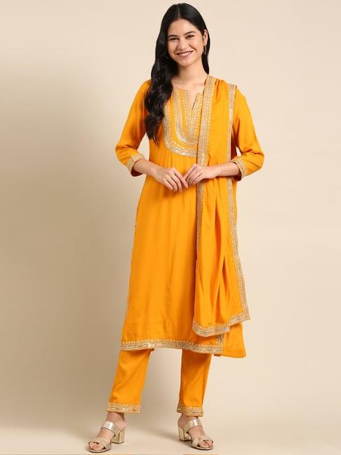 showoff yellow cotton embroidered kurta pant set with dupatta