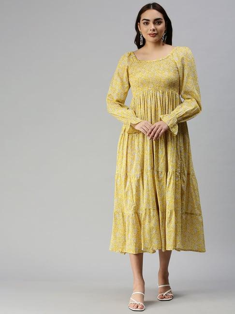 showoff yellow cotton floral fit & flare dress