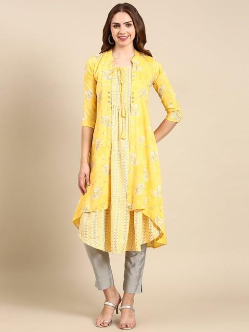 showoff yellow cotton floral print kurta