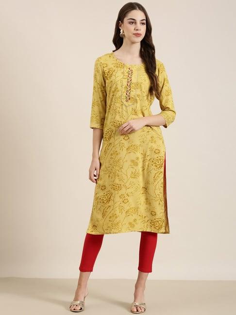 showoff yellow cotton floral print kurta