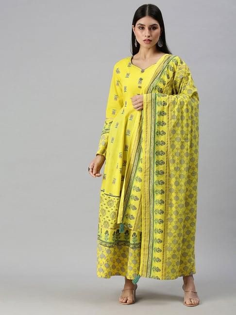 showoff yellow cotton printed calf length anarkali kurta