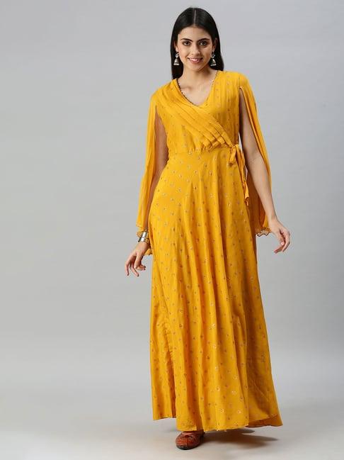 showoff yellow cotton printed calf length anarkali kurta