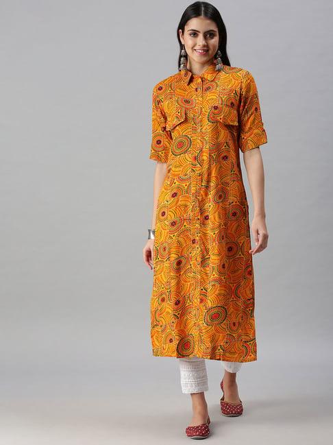 showoff yellow cotton printed calf length straight kurta