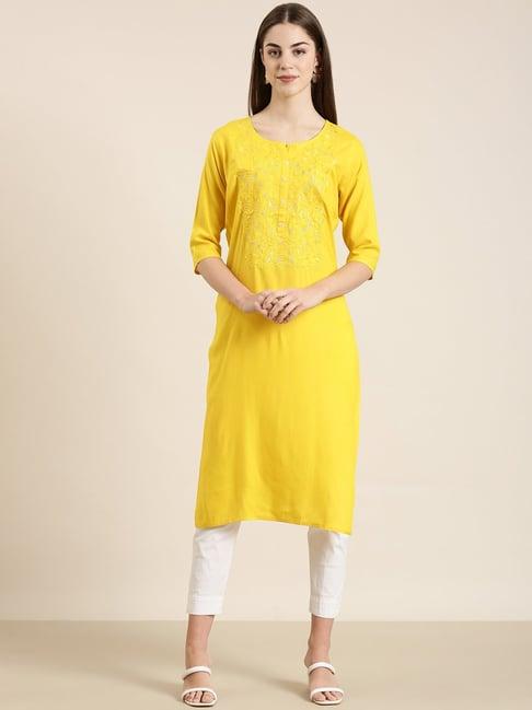 showoff yellow cotton regular fit kurta