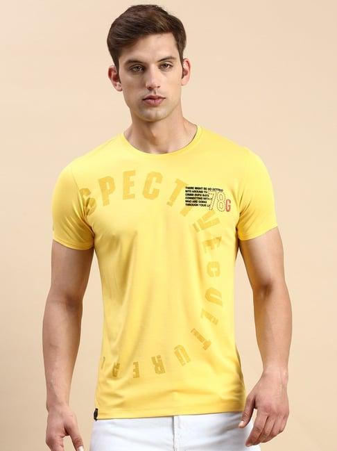 showoff yellow cotton slim fit printed t-shirt