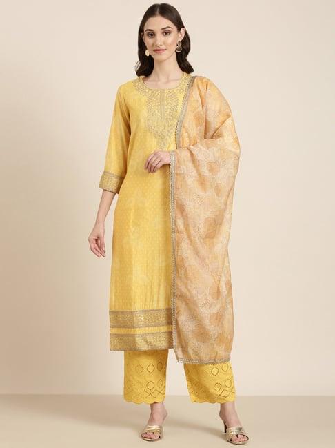 showoff yellow embellished kurta with pants & dupatta