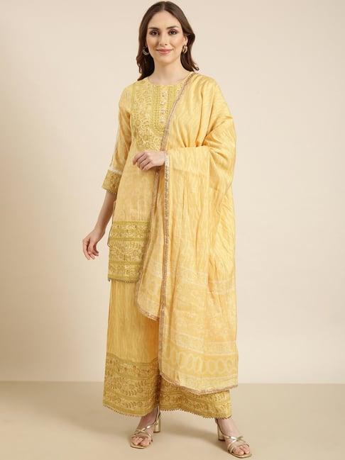 showoff yellow embellished kurti with palazzos & dupatta