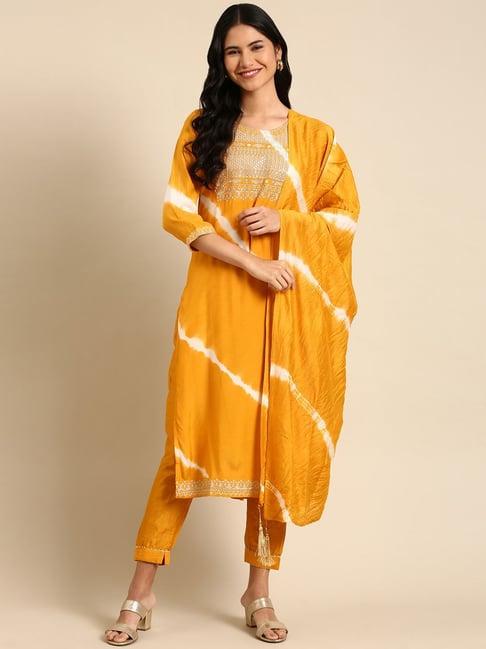 showoff yellow embroidered kurta pant set with dupatta