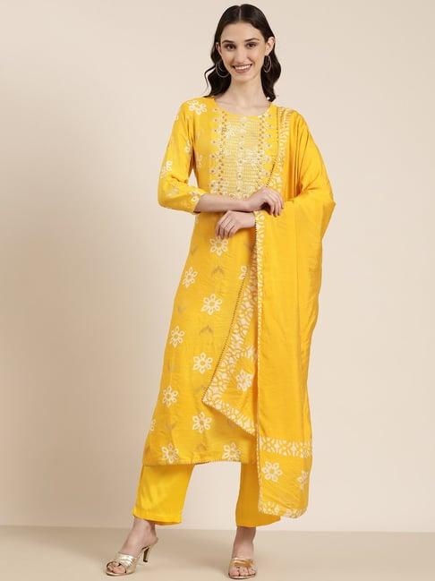 showoff yellow embroidered kurta with pants & dupatta