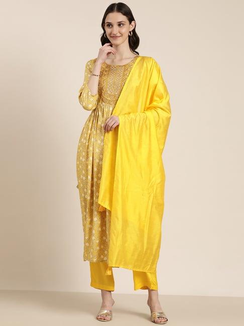 showoff yellow embroidered kurta with pants & dupatta