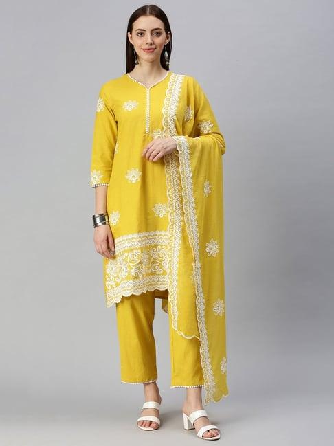 showoff yellow embroidered kurta with pants & dupatta