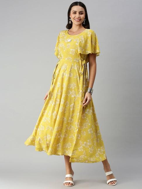 showoff yellow floral calf length a line kurta