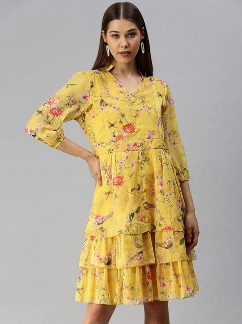 showoff yellow floral print fit & flare dress