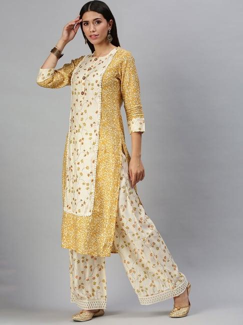 showoff yellow floral print straight calf length kurta with palazzo