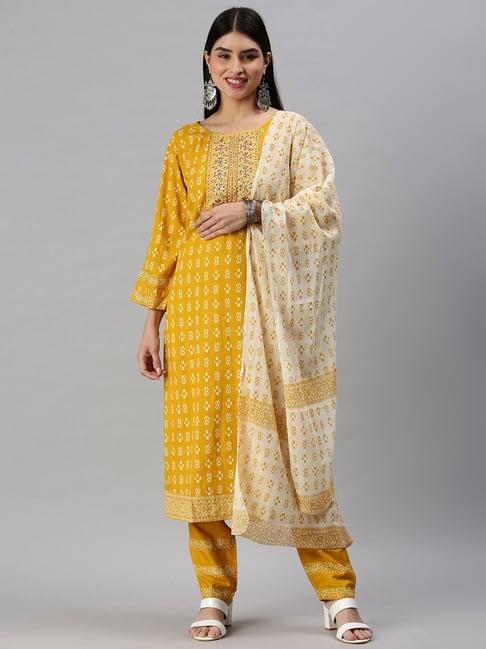 showoff yellow geometric kurta with pants & dupatta