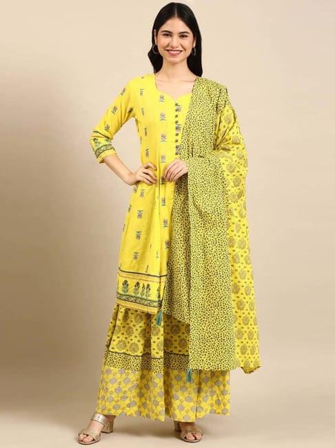 showoff yellow printed kurta skirt set with dupatta