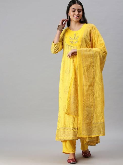 showoff yellow printed kurta with pants & dupatta