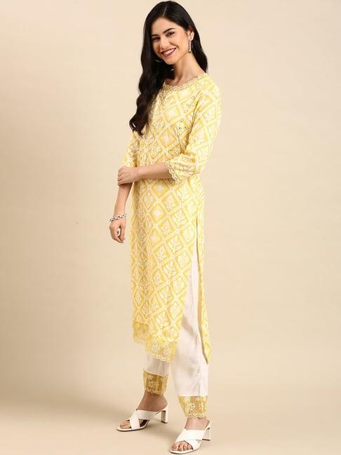 showoff yellow printed straight calf length kurta with pants & dupatta