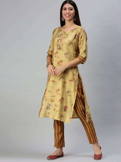 showoff yellow printed straight calf length kurta with pants