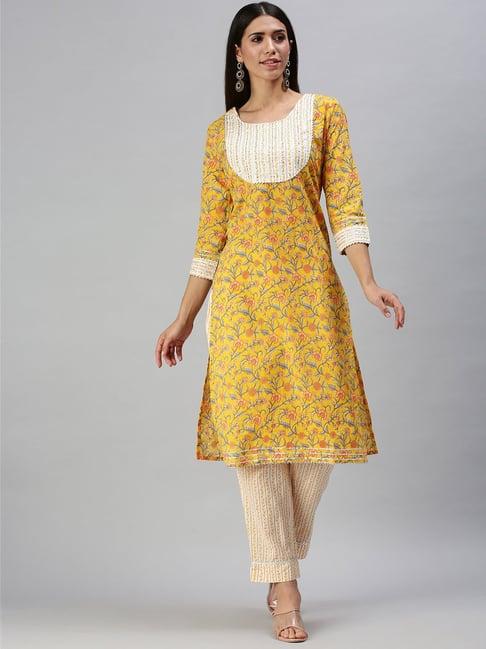 showoff yellow printed straight calf length kurta with pants