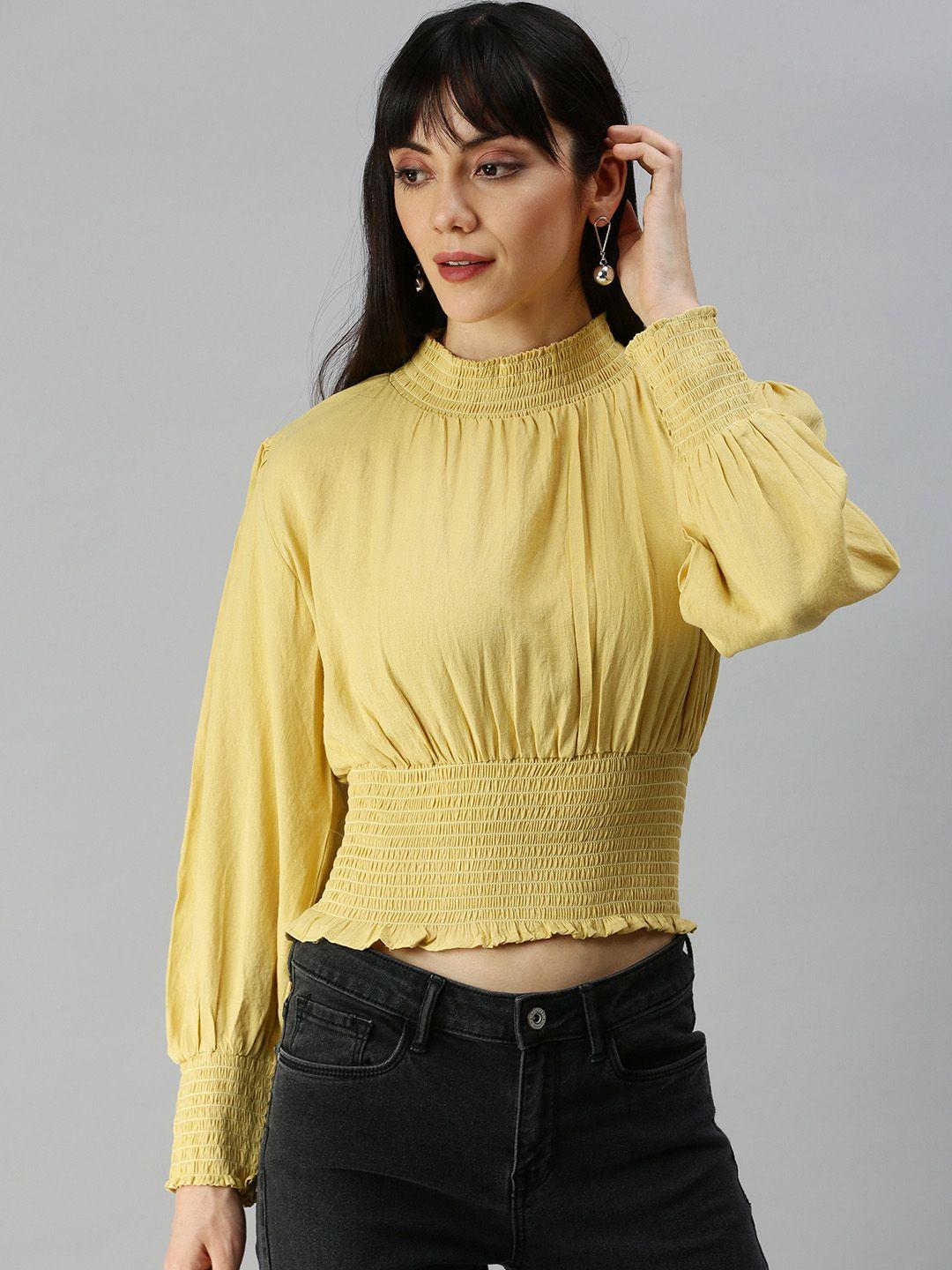 showoff yellow smocked blouson top