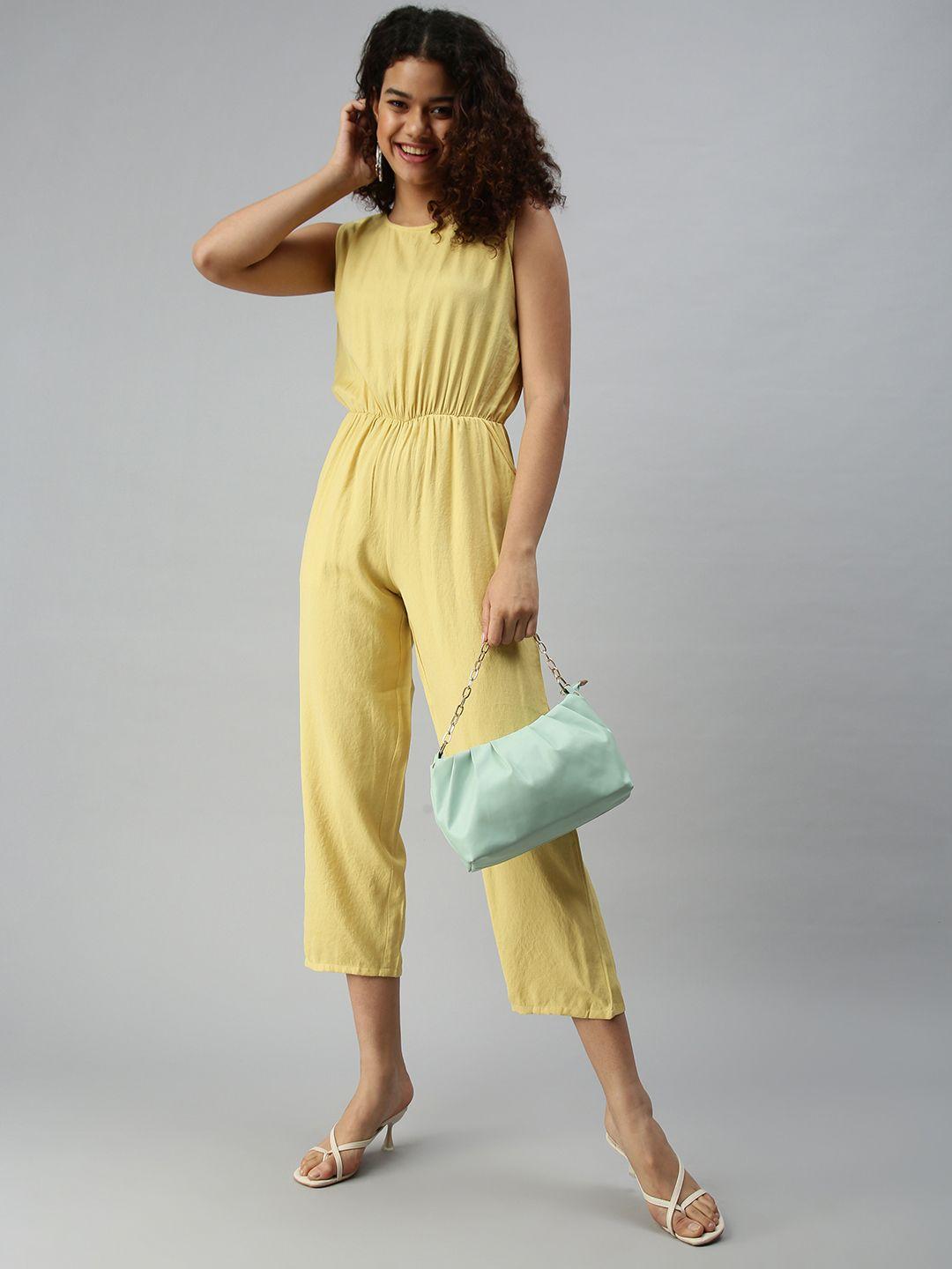 showoff yellow solid cotton culotte jumpsuit
