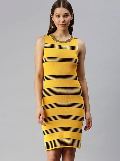 showoff yellow synthetic stripes bodycon dress