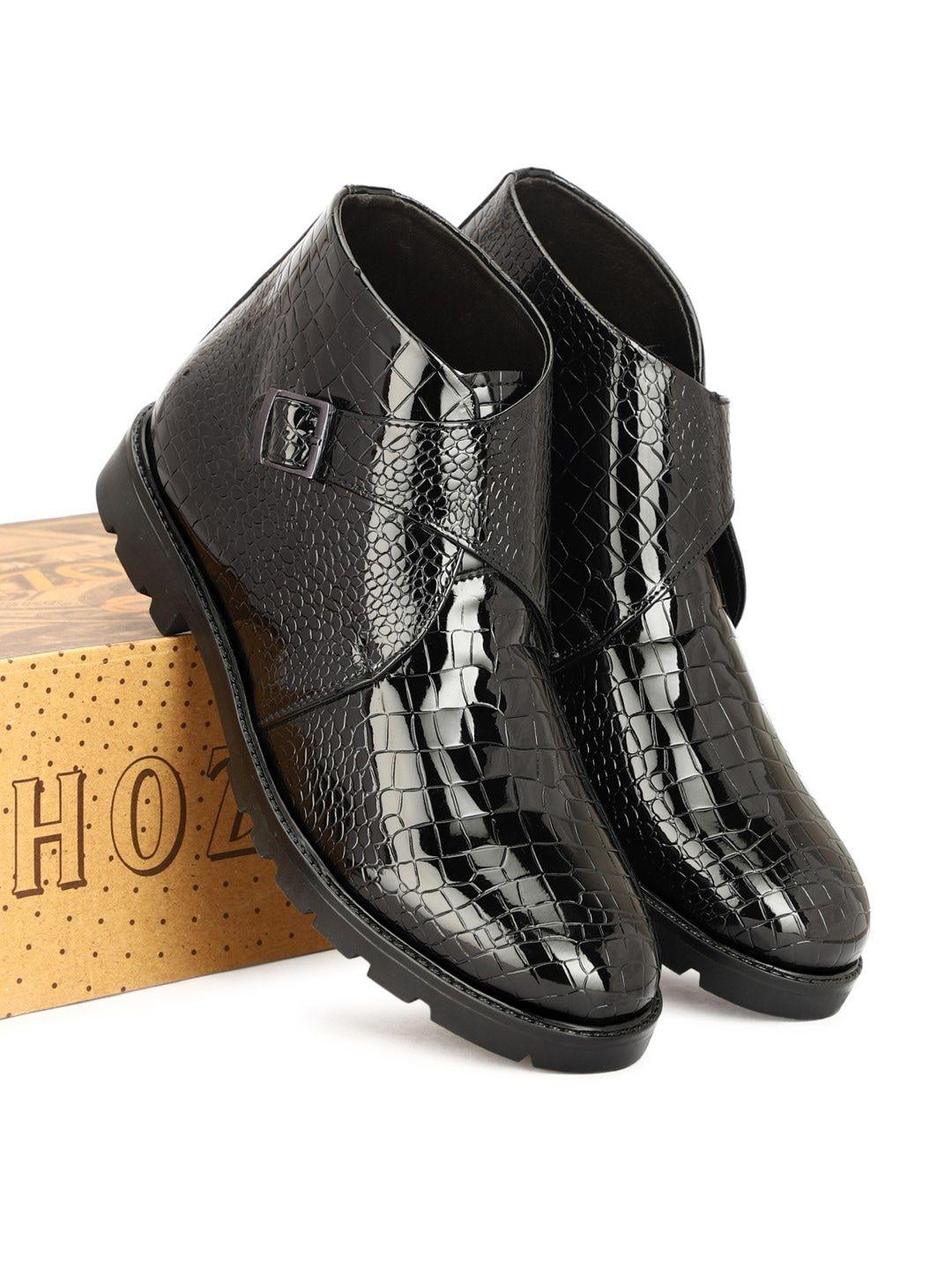 shozania men textured lightweight leather monk straps boots with buckle closure