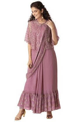 shraddha kapoor for indya pink & gold-toned beads & stones ready to wear embroidered cape saree tunic - pink