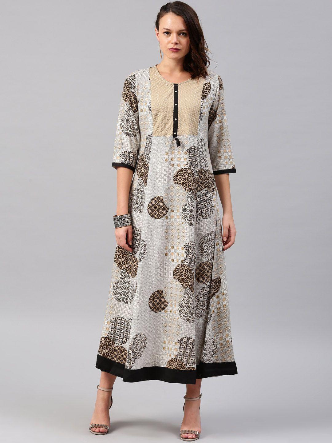 shree women off-white & beige printed a-line midi dress