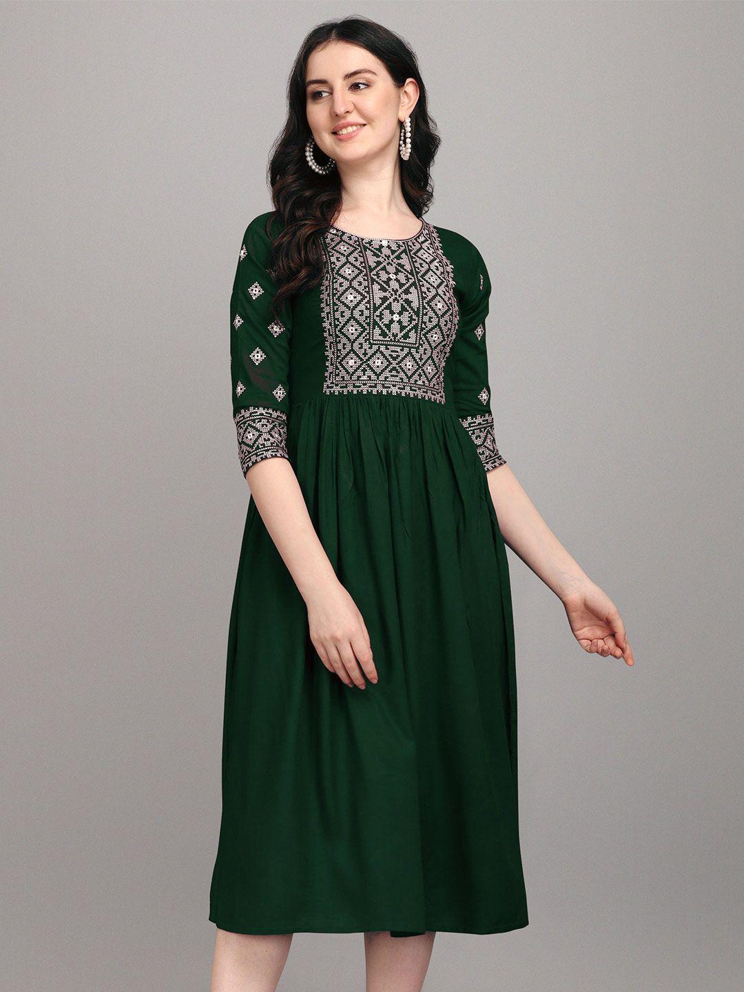 shree ramkrishna fab round neck ethnic motifs embroidery fit & flare midi dress