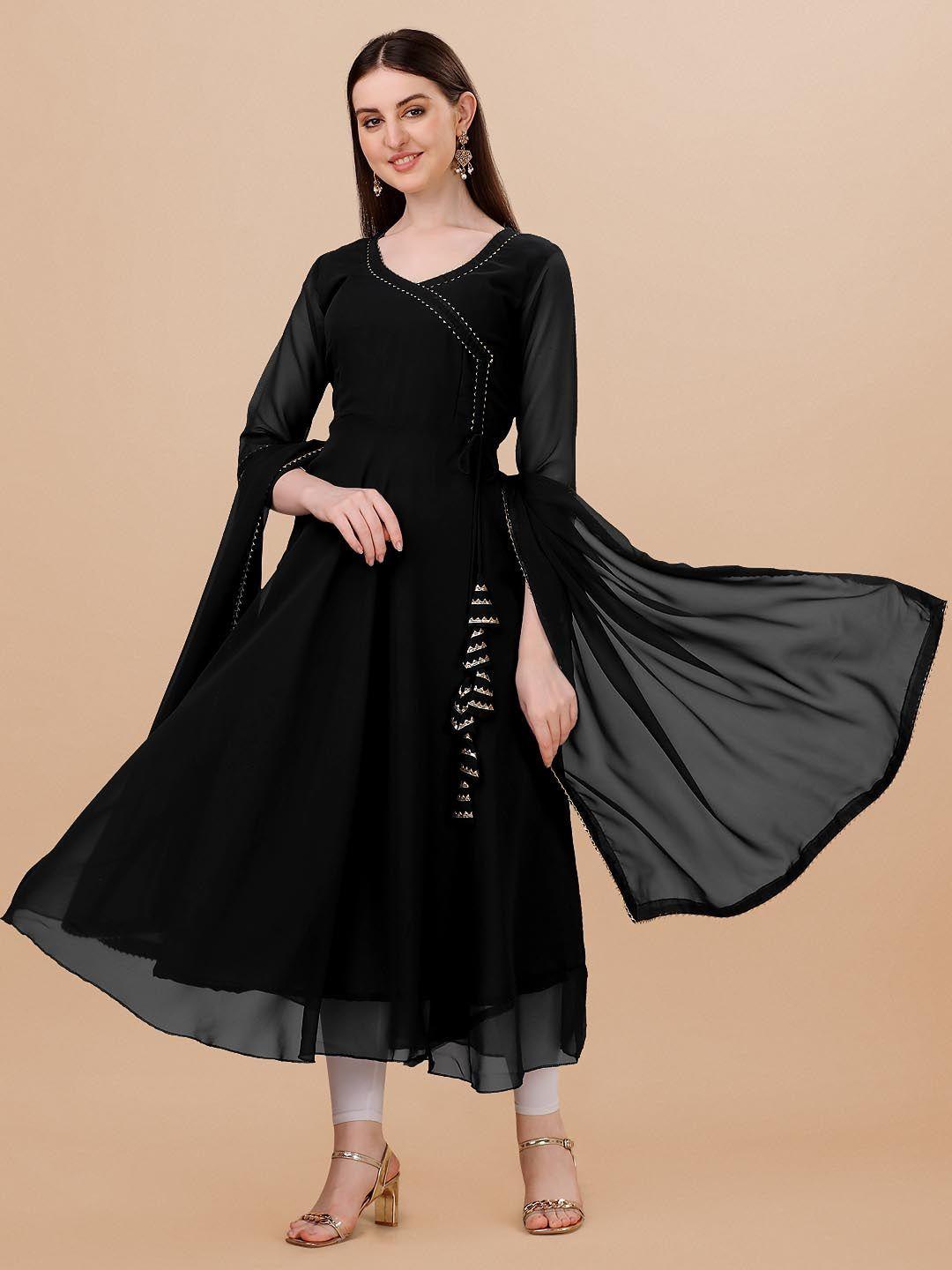 shree ramkrishna fab women black geometric embroidered flared sleeves thread work georgette anarkali kurta