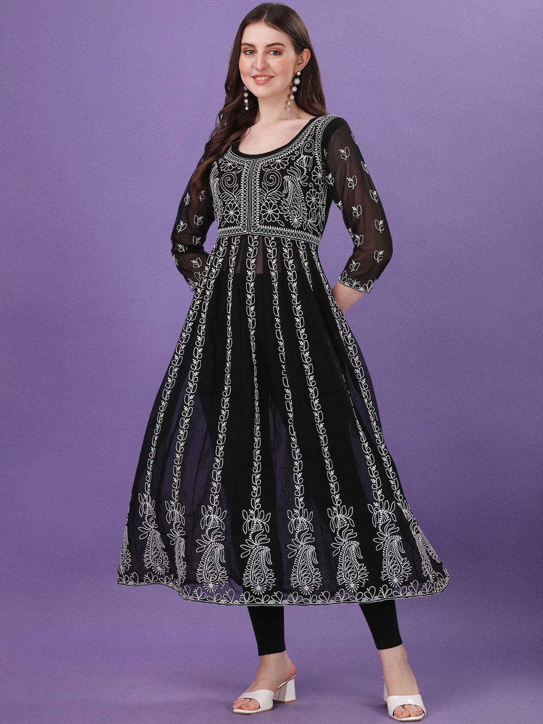 shree ramkrishna fab women black paisley flared sleeves thread work georgette anarkali kurta