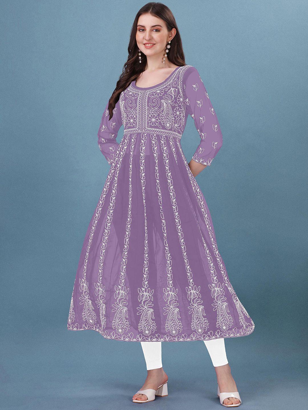 shree ramkrishna fab women lavender yoke design flared sleeves chikankari georgette anarkali kurta