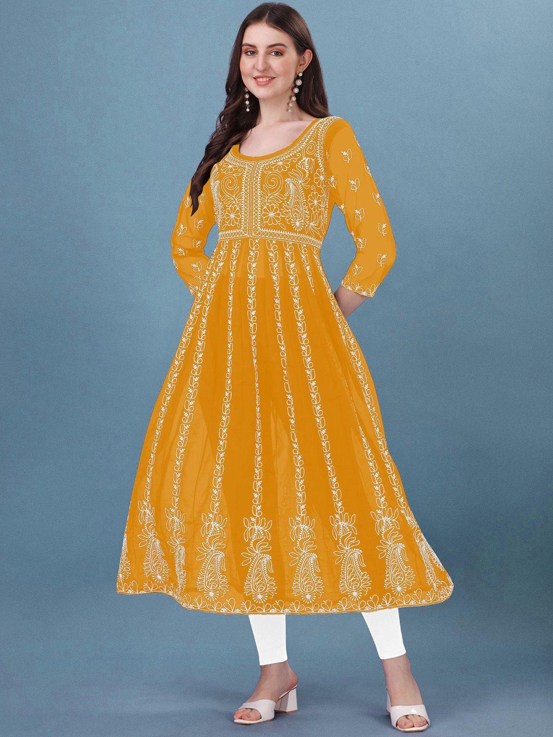 shree ramkrishna fab women mustard yellow dyed cold-shoulder sleeves thread work georgette anarkali kurta