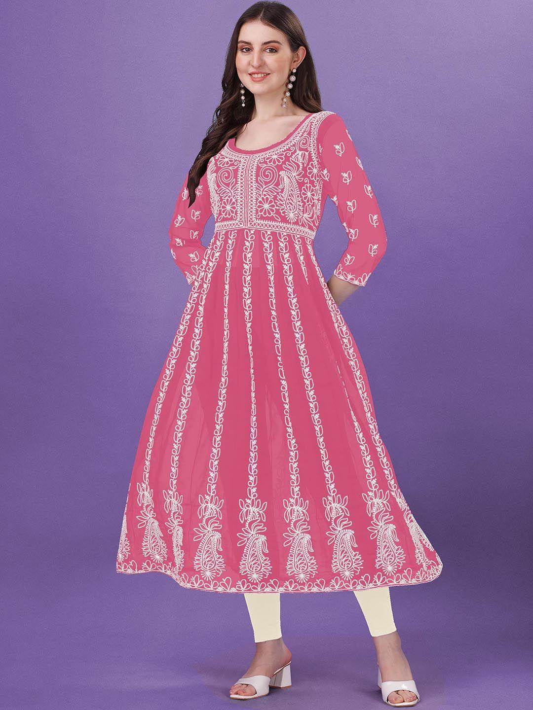 shree ramkrishna fab women pink yoke design flared sleeves chikankari georgette anarkali kurta