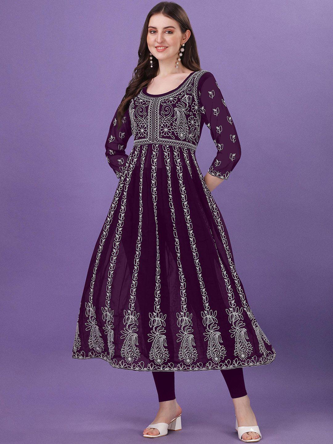 shree ramkrishna fab women purple paisley embroidered flared sleeves thread work georgette anarkali kurta