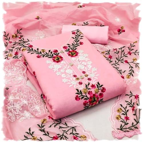 shree villa women's exclusive heavy cotton embroidery work unstitched salwar suit, women's dress material with chanderi work dupatta (pink 5)
