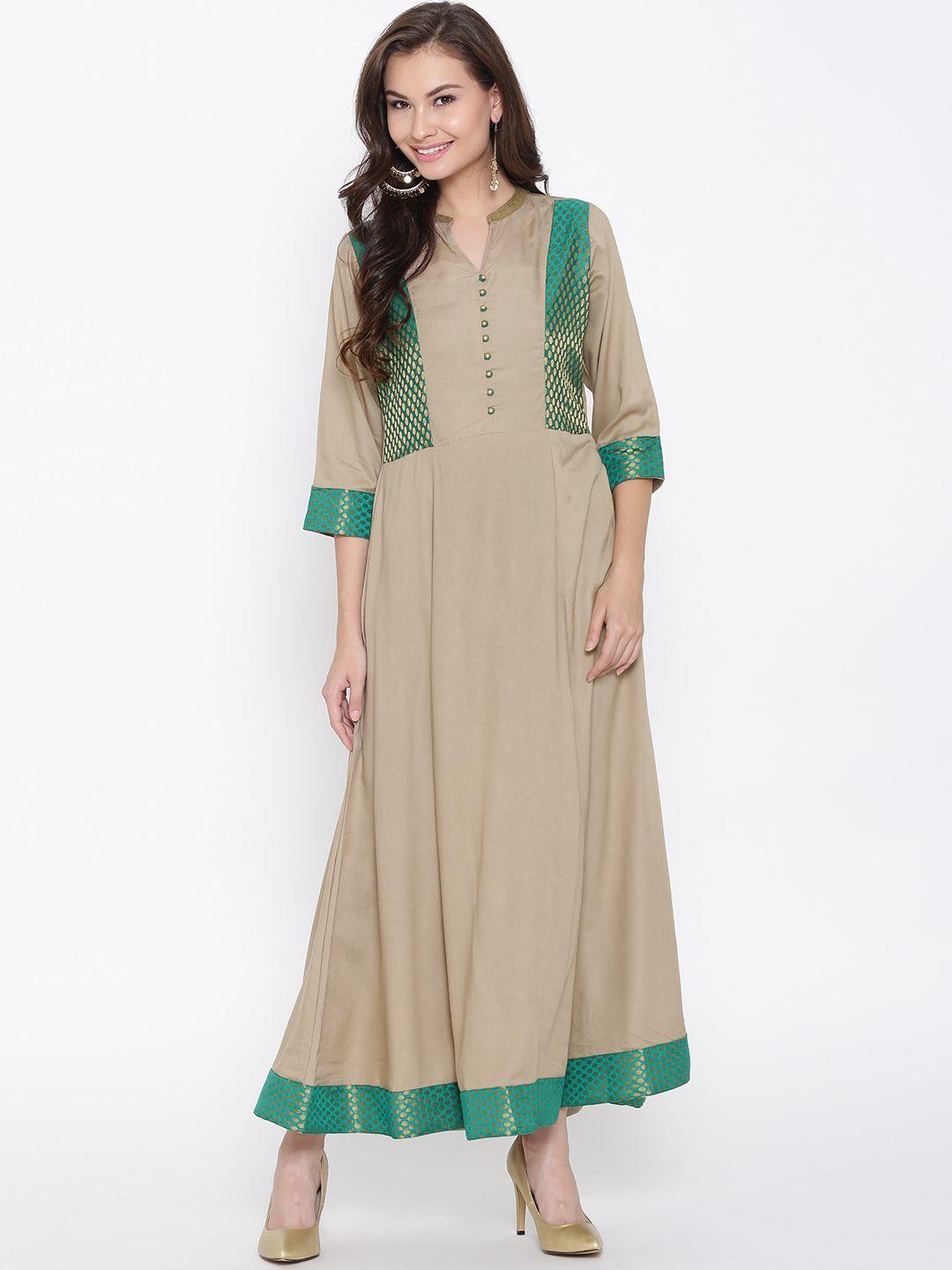 shree women beige & green woven design maxi dress