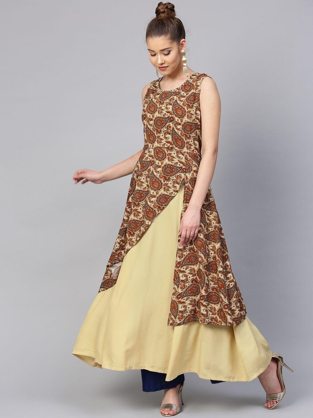 shree women beige & rust orange printed layered maxi dress