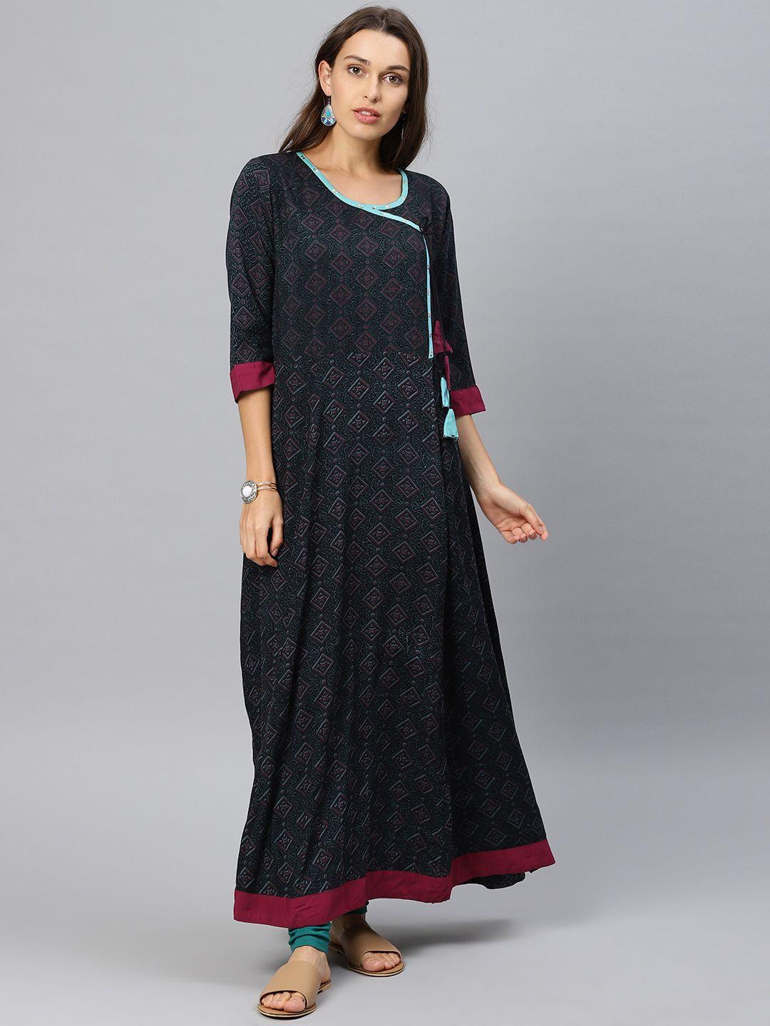 shree women green & burgundy printed maxi dress