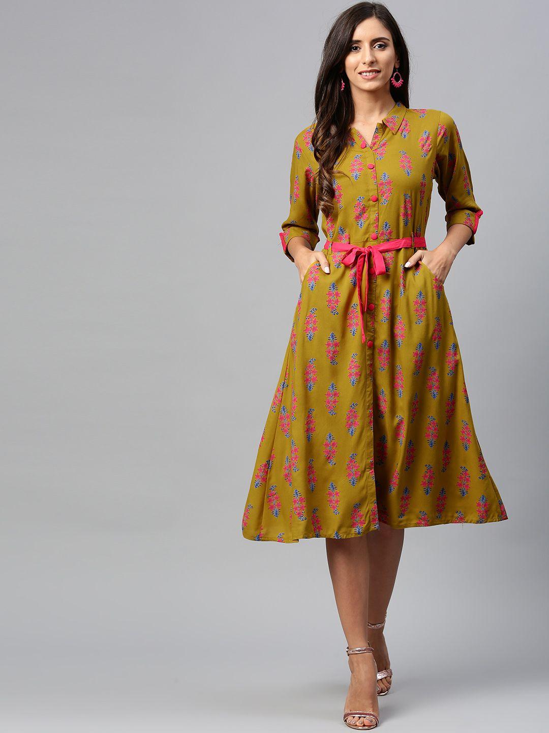 shree women mustard brown printed fit and flare dress