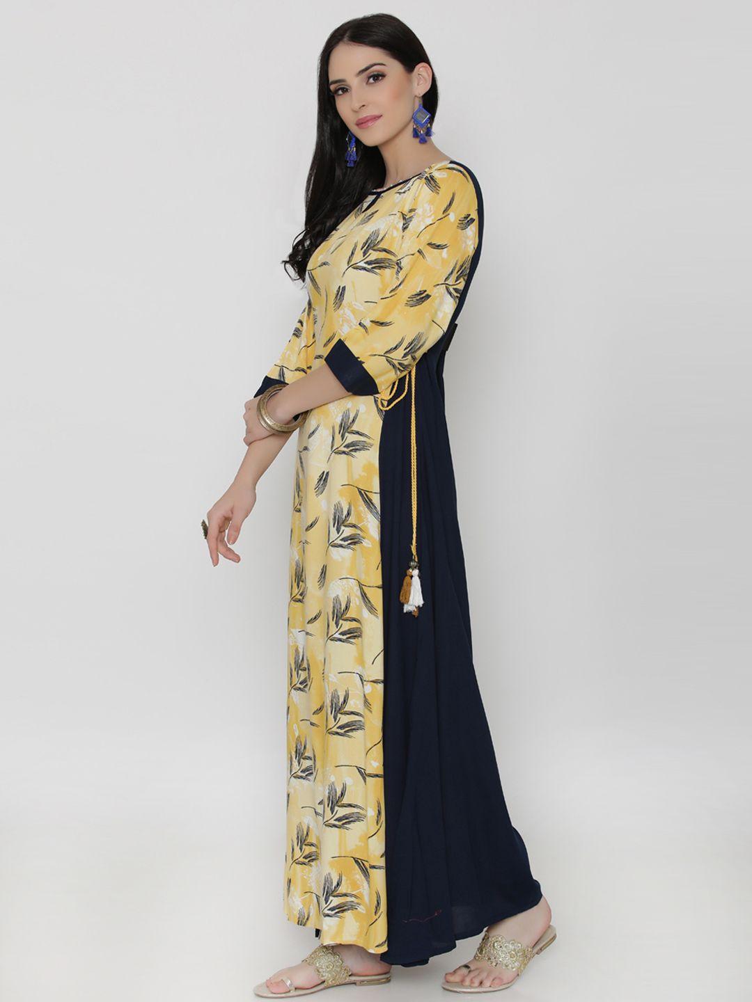 shree women mustard yellow & navy blue printed maxi dress