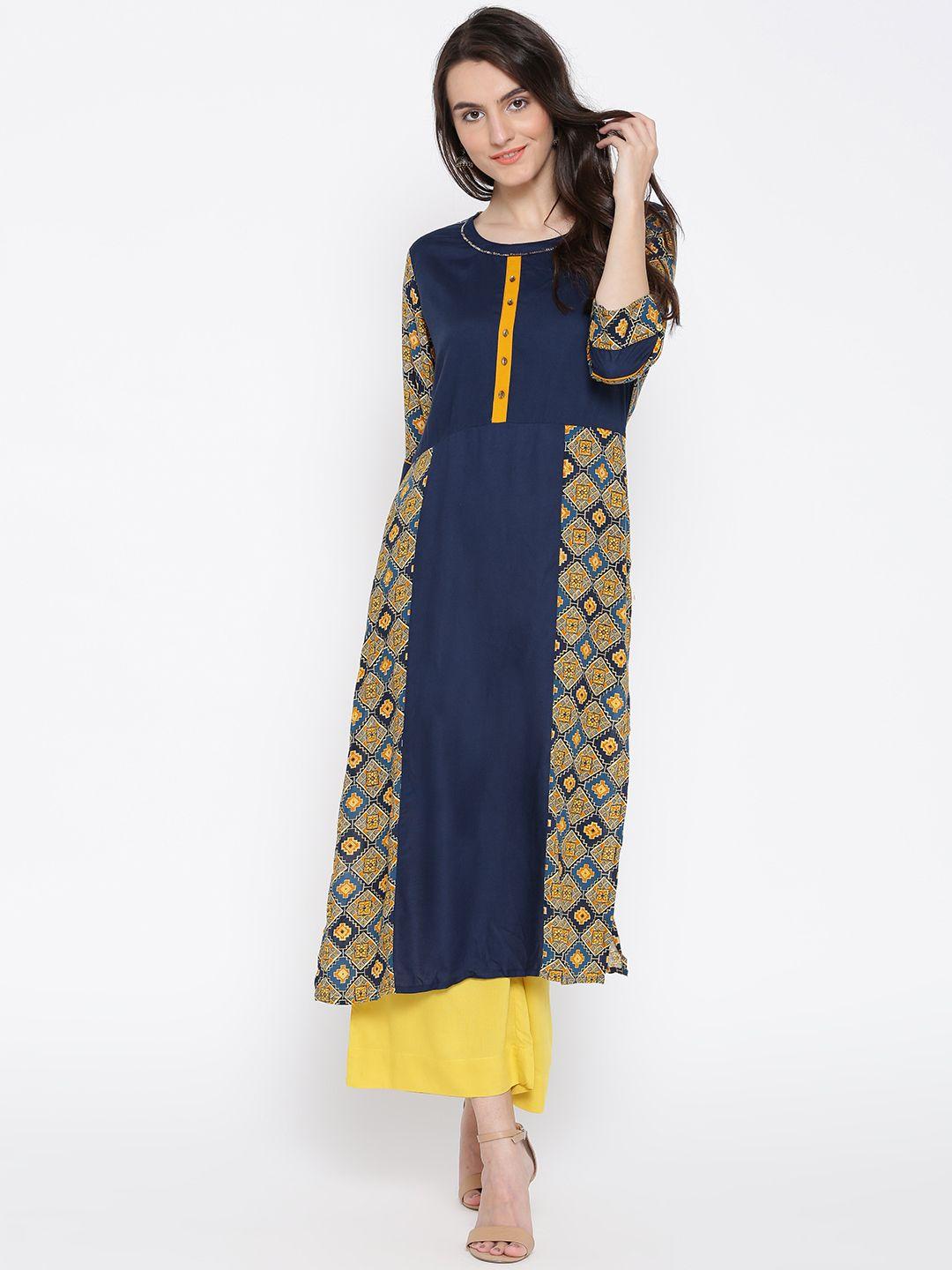 shree women navy & mustard yellow printed straight kurta