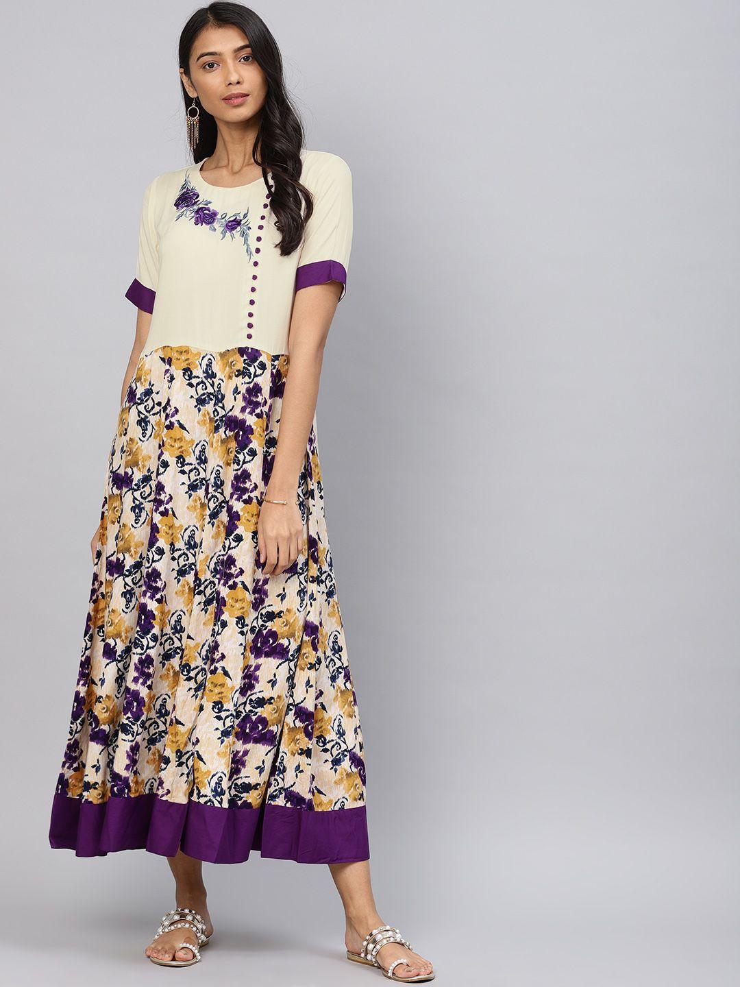 shree women off-white & purple printed maxi dress