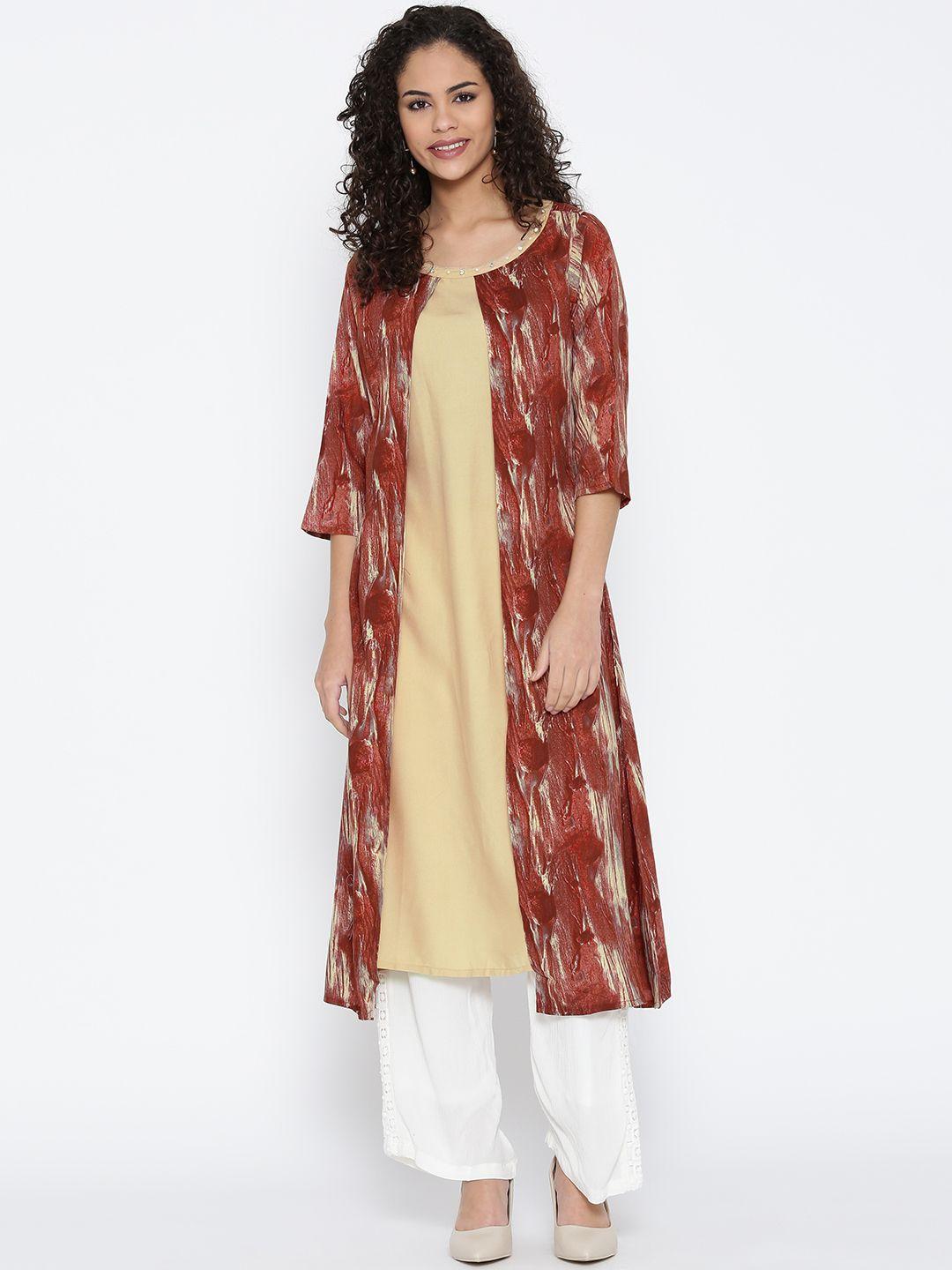 shree women rust brown printed layered a-line kurta