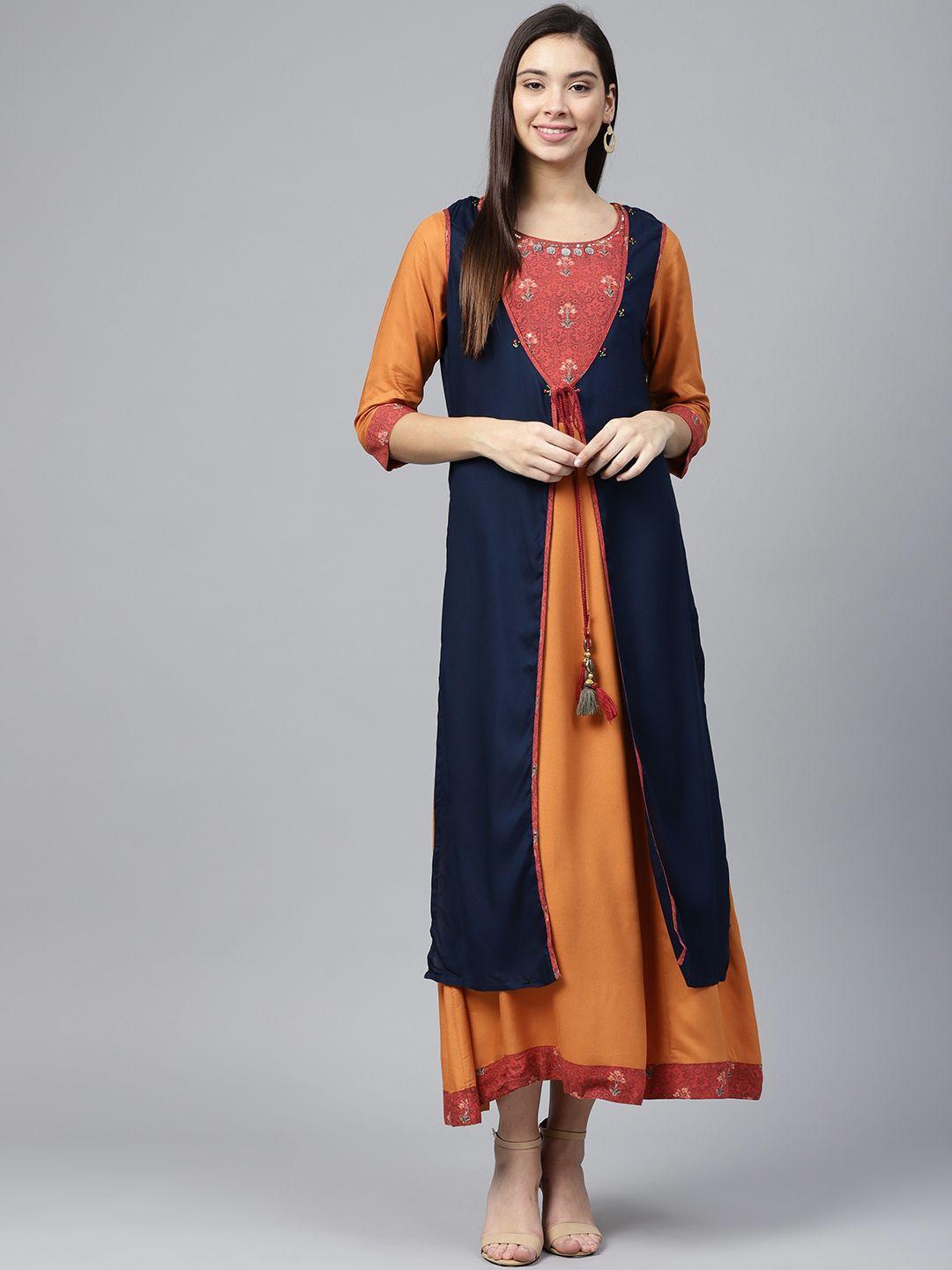 shree women rust orange & navy printed detail layered maxi dress