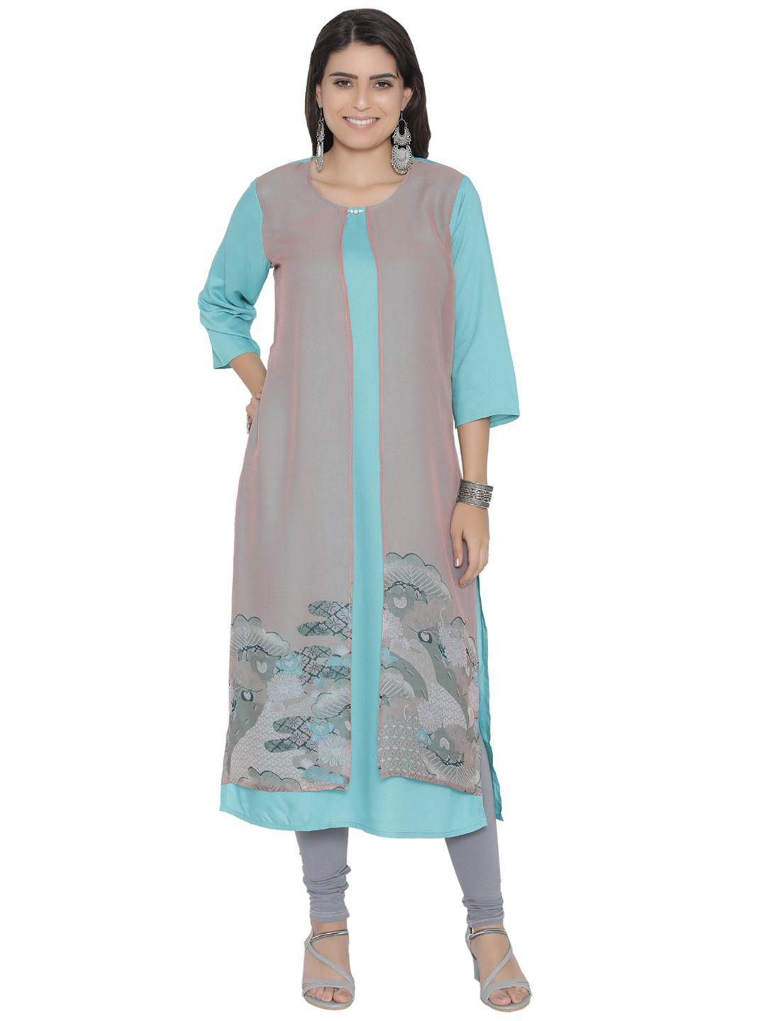 shree women taupe & blue solid layered straight kurta