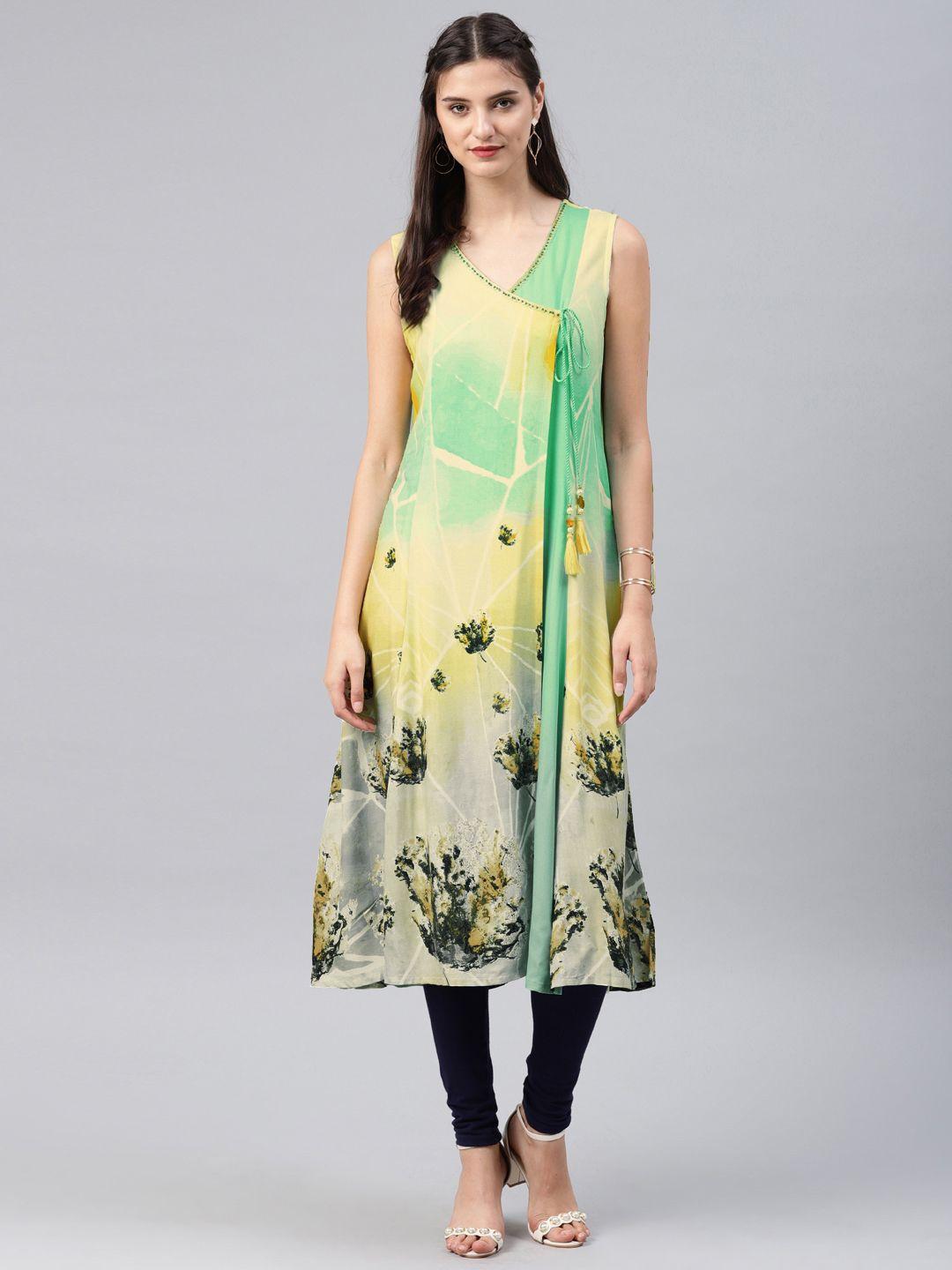 shree women yellow & blue printed angrakha a-line kurta