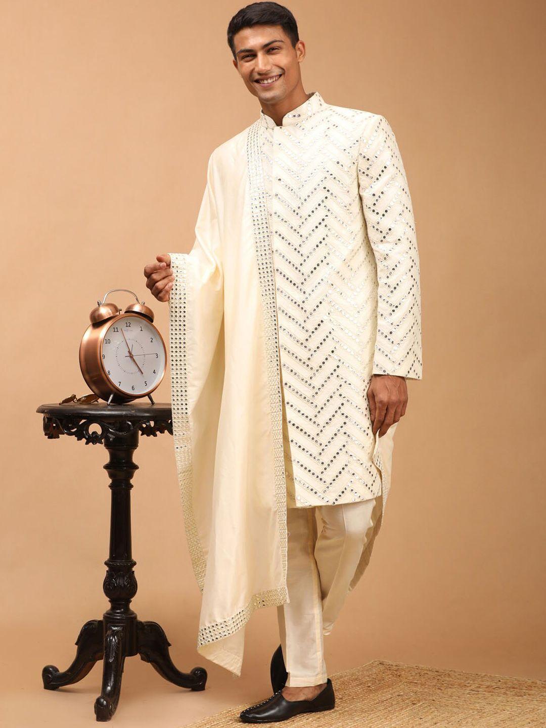 shrestha by vastramay men cream mirror work silk blend sherwani set